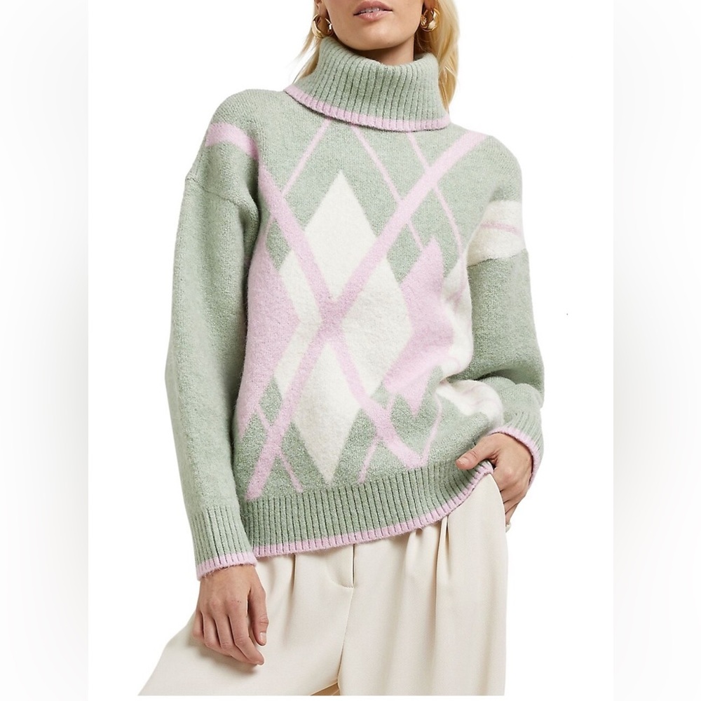 River Island Women’s Argyle Check Roll Neck Jumper Green S